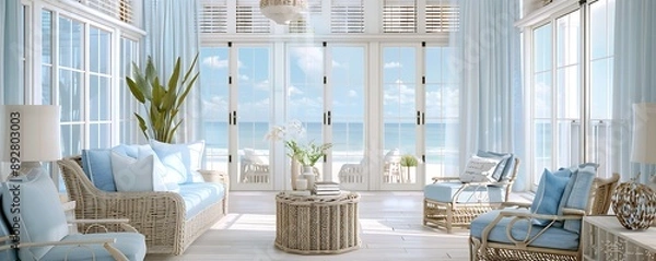 Fototapeta A bright and airy living room with a coastal theme, featuring light blue accents, wicker furniture, and large windows with a view of the ocean.