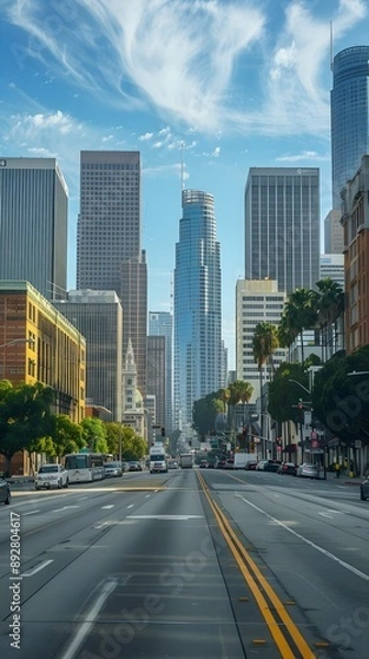 Fototapeta Downtown cityscape with road and tall buildings in the background