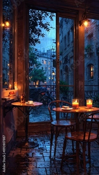 Obraz A small caffe with a window view with candle light.