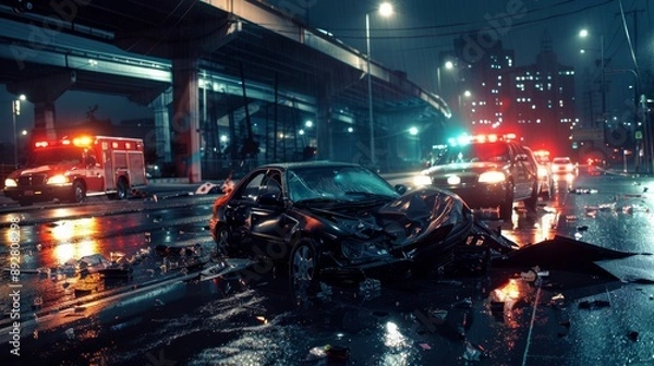 Fototapeta Dramatic Nighttime Car Collision Under a Bridge with Emergency Response and Streetlights