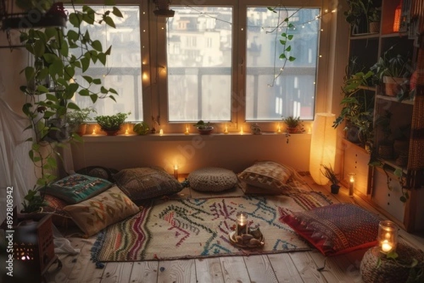 Fototapeta Inviting bohemian room with twinkling lights and cushions, perfect for relaxed evenings