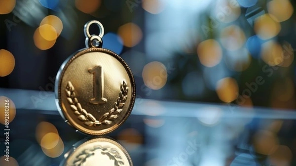 Obraz Close-Up of First Place Gold Medal with Reflective Surface and Bokeh Background for Award Celebrations