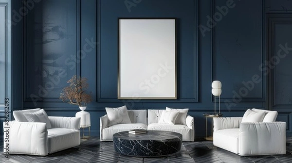 Fototapeta Modern Luxury Living Room with Blank Picture Frame on Deep Blue Wall Customizable Interior Design Inspiration for HighEnd Homes and Decor Nikon D7200 Shot