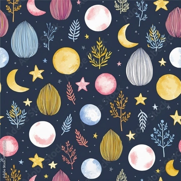 Fototapeta blue night sky doodle hand drawn pattern ai generated