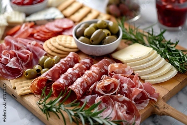 Obraz Elegant charcuterie board with a variety of cured meats, cheeses, olives, and crackers.