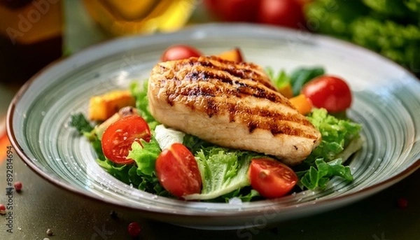 Fototapeta Close-up of a juicy grilled chicken fillet atop a colorful salad, with a clean, softly blurry