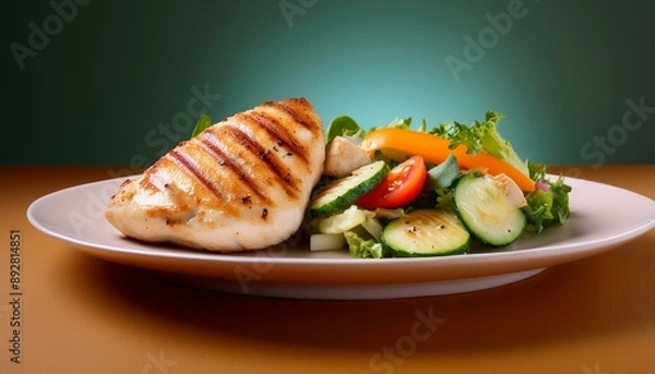 Fototapeta Elegant presentation of grilled chicken fillet with a side of colorful vegetable salad, on a