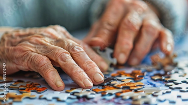 Obraz Close-up of elderly hands assembling a jigsaw puzzle
