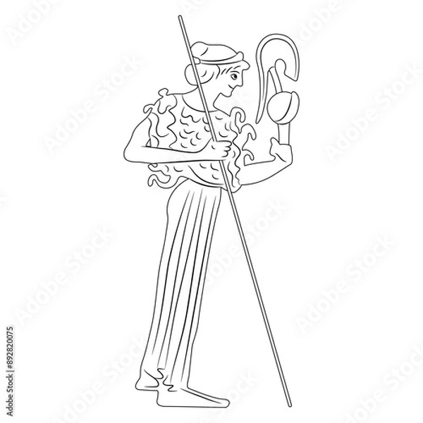 Fototapeta Standing Ancient Greek warrior goddess Athena or Minerva with helmet and spear. Vase painting style. Black and white linear silhouette.