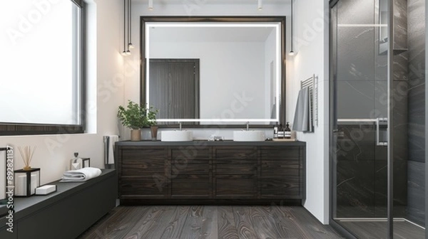 Obraz Modern Bathroom Oasis Customizable Blank Frame Dark Wood Vanity and Glass Shower Enclosure Sony Alpha 7C Capture