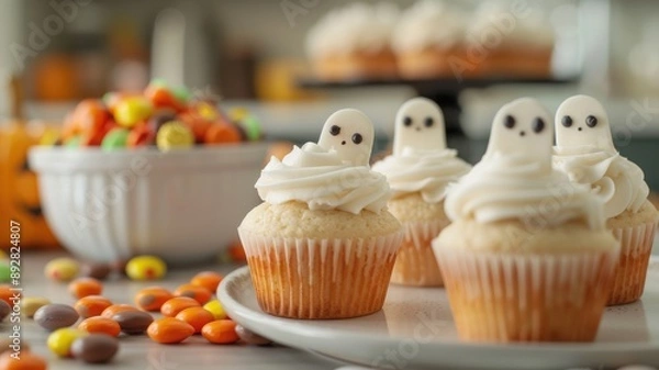 Fototapeta A close-up of a Halloween-themed office snack table, featuring cupcakes with ghost toppers and a bowl of candy