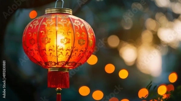 Fototapeta chinese new year background with lamps and bokeh lights 3d illustration
