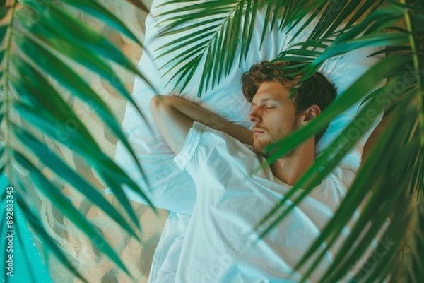 Obraz Nighttime quietude surrounds man peaceful rest. Quiet indoor environment allows stress-free and gentle sleep. It serves allegory finding comfort solitude and tranquility.