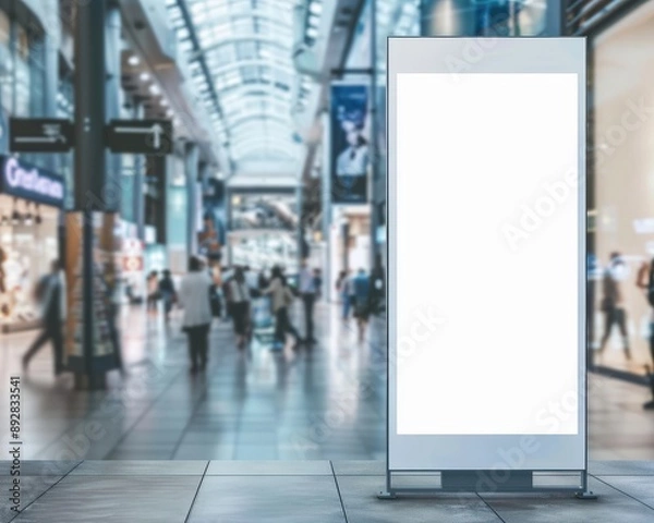 Fototapeta Empty white signboard mockup with a bustling shopping mall, focus on retail marketing, dynamic, blend mode, mall backdrop