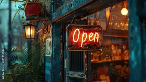 Fototapeta  cozy, warmly lit storefront with an "Open" sign glowing in the evening, inviting customers into a welcoming atmosphere.