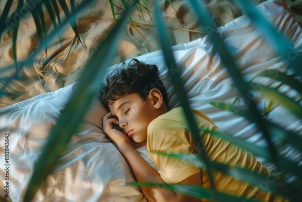 Fototapeta Slumbering young boy relaxes his side peaceful sanctuary. Adolescent boy unwinds bed indulging restful sleep. Comfort of home sanctuary.