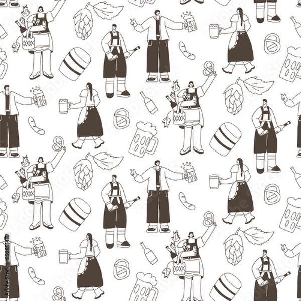 Fototapeta Oktoberfest characters seamless pattern. Doodle people with alcohol drinks endless background. Beer lovers repeat ornament surface. Vector hand drawn illustration.