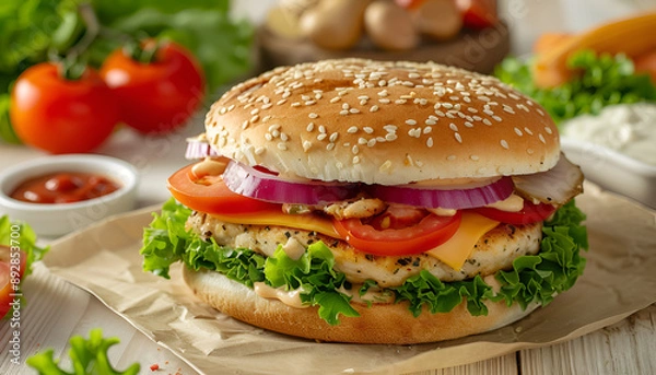 Obraz Sandwich with chicken burger, tomatoes, cheese and lettuce