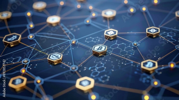 Fototapeta Blockchain network with connected nodes 