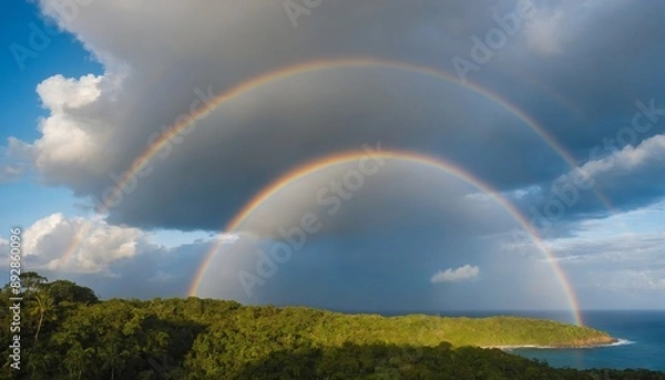 Obraz rainbow over tropical islands, cloudly blue sky
