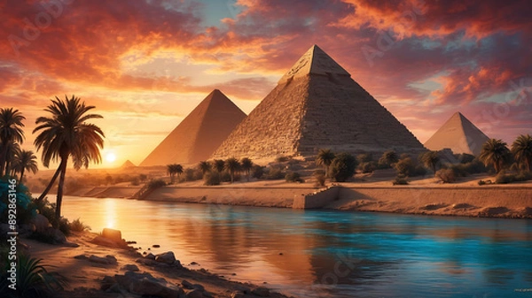 Obraz A breathtaking landscape of ancient Egypt with pyramids and the Nile River at sunset