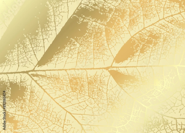 Fototapeta Gold leaf cover. Cream color leaf veining on gold background. Full screen, macro style, flat graphic silhouette.