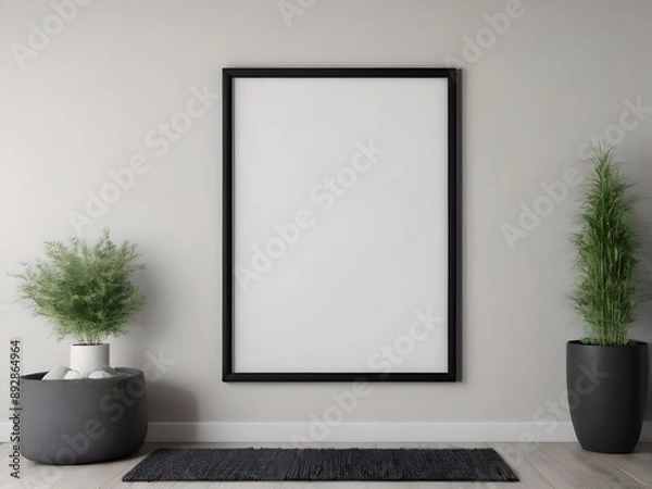 Fototapeta Black Frame on a Plain Wall, Potted Green Plants Adding Life