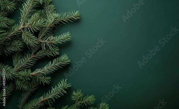 Fototapeta A close-up view of pine branches against a dark green background.