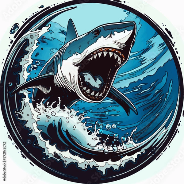 Fototapeta A vector logo of a shark with open jaws, symbolizing power, aggressivity, and dominance, illustrating menace and violence in an underwater, oceanic scene.