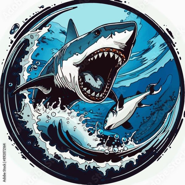 Fototapeta A vector logo featuring a shark with open jaws about to swallow a small fish, symbolizing power, menace, violence, and the strong prevailing over the weak.