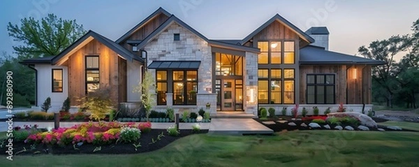 Fototapeta Elegant modern farmhouse luxury home exterior at twilight, showcasing a blend of wood and stone elements, tall windows, and a spacious front 