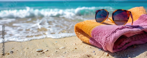 Fototapeta Sunglasses and Colorful Towel on Sandy Beach