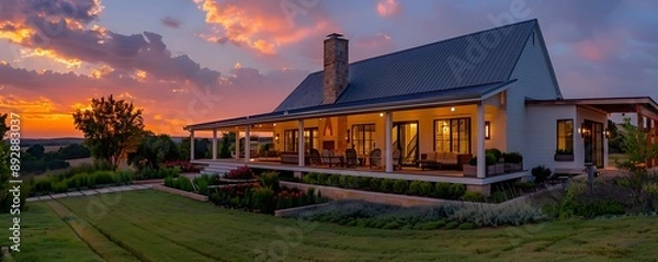 Fototapeta Evening drone angle of a contemporary farmhouse with a porch and meticulously maintained garden, under a richly colored sunset sky. The scene is warm and inviting.