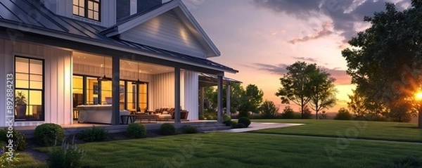 Fototapeta Front perspective of a contemporary farmhouse at dusk, featuring a stylish porch and lush lawn, the setting sun casting a warm glow.