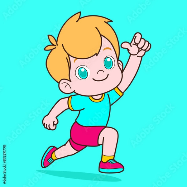 Fototapeta This charming drawing features a young anime boy in a cartoon style enthusiastically running. He has short blond hair and large, expressive blue eyes that radiate joy. He is wearing a blue t-shirt wit