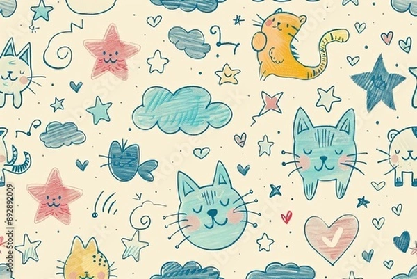 Fototapeta Whimsical collection of hand-drawn cats, stars, and clouds in soft pastel hues
