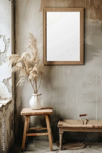 Fototapeta A simple scene of a wooden bench placed beside a mirror on a wall