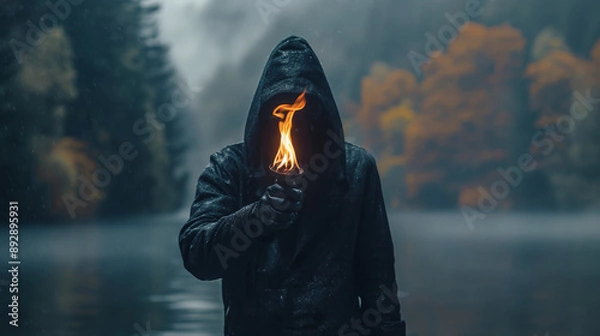 Obraz fire magic, a man in a black hood stands with his back to the ground and holds a flame in his hand