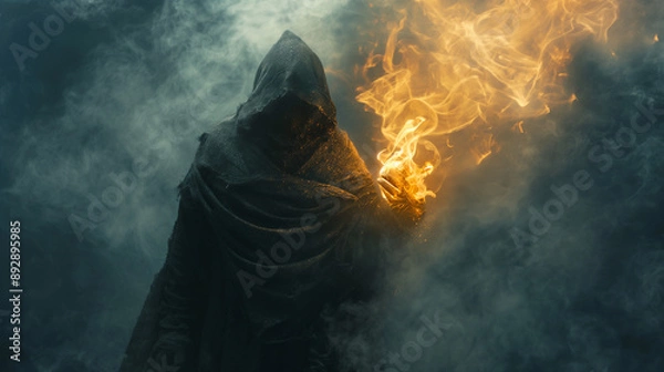 Fototapeta fire magic, a man in a black hood stands with his back to the ground and holds a flame in his hand