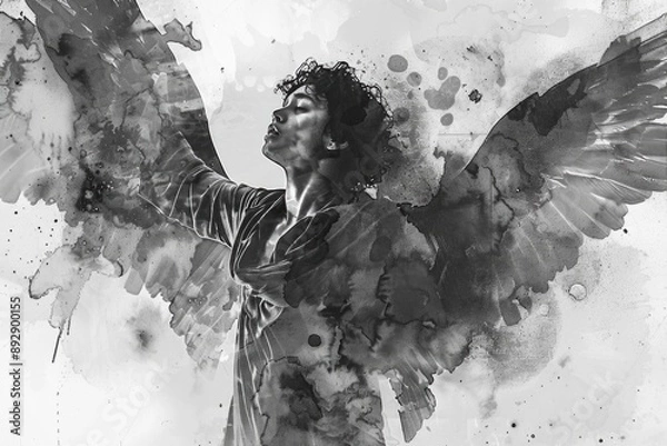 Obraz A man with wings stands in a pose, captured in a black and white photo