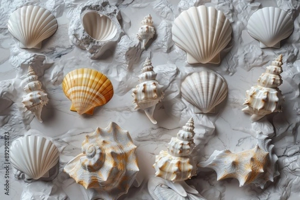 Fototapeta A detailed seashell collection 3D carved from marble, stone on the background,