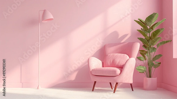 Fototapeta 3D rendering of a pink armchair and floor lamp against a pastel wall background with copy space for your design, interior concept 
