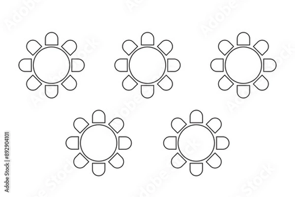 Fototapeta Cafe or restaurant seats arrangement plan. Tables and chairs icons isolated on white background. Banquet or wedding party seatings scheme top view. Vector graphic illustration