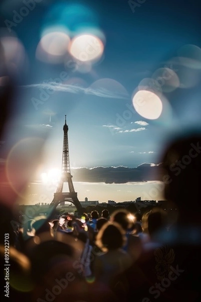 Obraz People Watching Eiffel Tower at Paris 2024 Olympic Games Opening Ceremony blurred and bokeh shoot