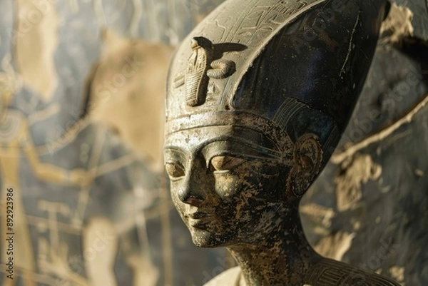 Fototapeta Closeup of an egyptian pharaoh statue with hieroglyphics in soft background light