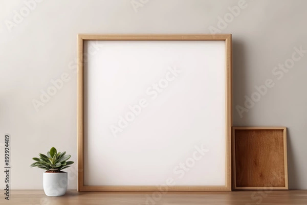 Fototapeta empty wooden picture frame mockup square format on floor in wall interior background