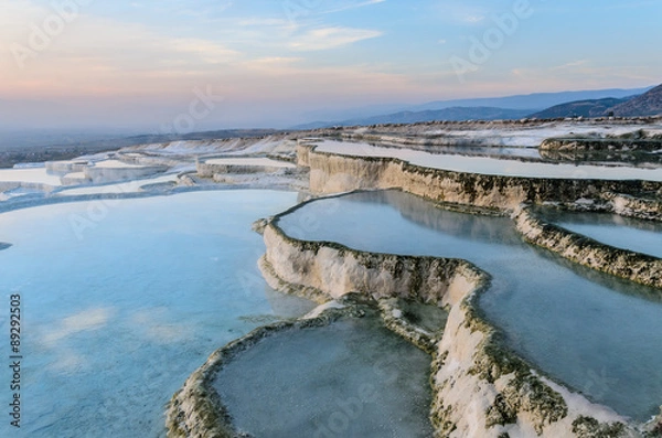 Obraz Carbonate travertines the natural pools during sunset, Pamukkale