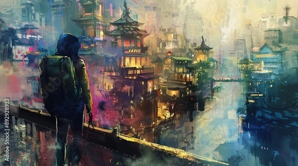 Fototapeta A lone traveler wearing a backpack stands on a ledge overlooking a cityscape illuminated by glowing pagodas, capturing a sense of adventure and mystique in an urban landscape.