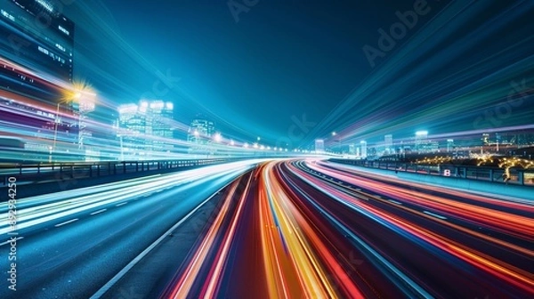Obraz A high-speed cityscape captured at night, featuring bright lights and moving cars. The image highlights the dynamic and fast-paced nature of the urban environment.