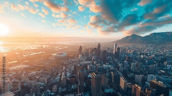 Fototapeta An awe-inspiring aerial view of a city skyline featuring a stadium and towering mountains in the backdrop, beautifully illuminated by the warm hues of the setting sun.